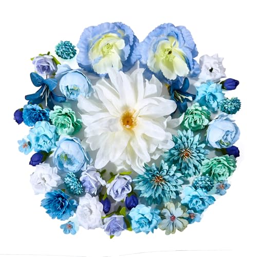 Prelisee 42 Pièces Fleurs Artificielles Deco Bleu Fausse Fleur en Tissu 13 Espèces 2-13cm Petite Tête de Fleur Artificielle pour DIY Bricolage Scrapbooking Decoration Gateau Mariage Table Fête