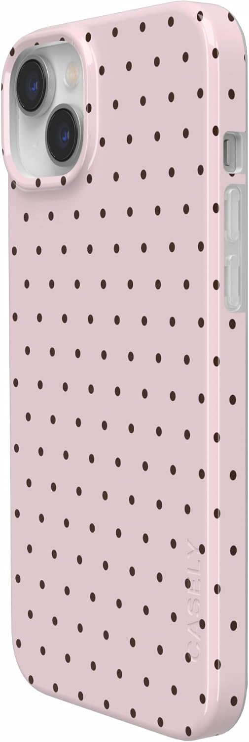 Casely iPhone 14 Plus Case | On the Dot | Pink & Brown Polka Dot | Compatible with MagSafe | Classic Ultra Slim Design