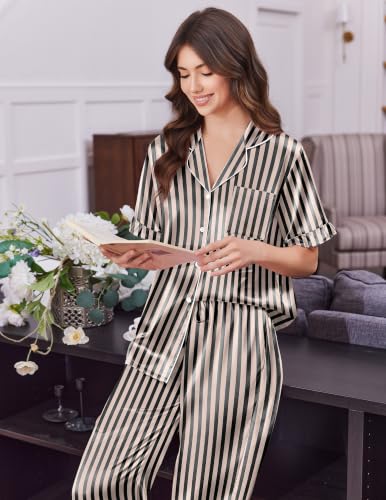Image of Ekouaer Silk Satin Pajamas for Women Set 2 Piece Short Sleeve Button Up Pjs | Two Side Pockets,Soft Bridesmaid Lounge Set,Bridal Ruffle Sleepwear,Wedding Party,Honeymoon Vacation,Postpartum