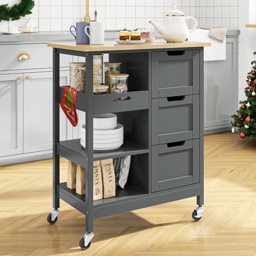 YITAHOME Small Solid Wood Top Kitchen Island Cart on Wheels with Storage, Rolling Portable Dining Room Serving Utility Carts Mobile Movable with 3 Drawers Cabinet, Oak & Gray 26.7"W Grey