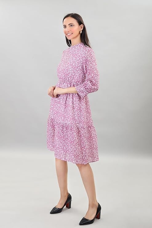 Image of A-Line Floral Printed Fit & Flared Western Brown Dress for Women | One Piece Midi Dress for Women Stylish Western Printed Dresses