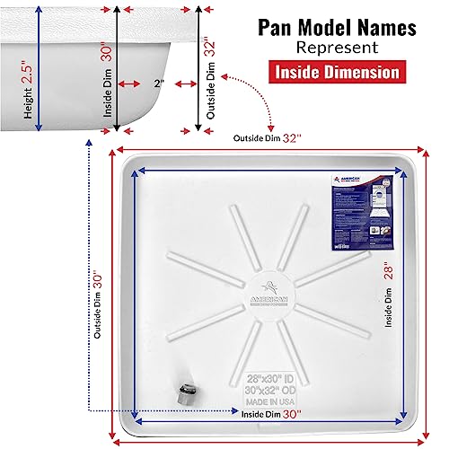 American Built Pro Washing Machine Pan- HDPE - Undrilled Washing Machine Drain Pan for Floor Protection - Washing Machine Tray - Drain Pan for Washer and Dryer - 1\" Drain Fitting - White -1 Pack