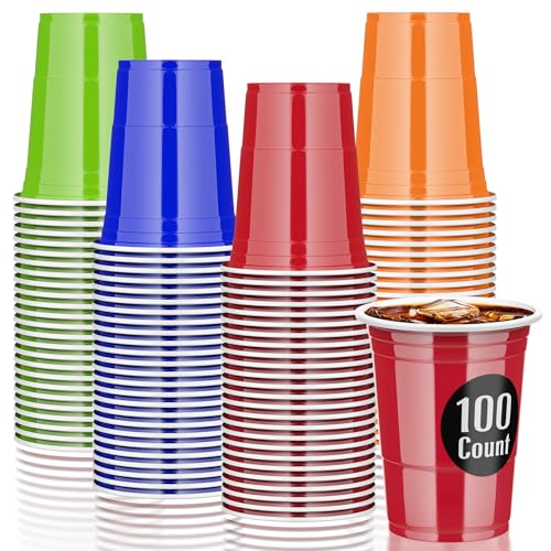 AOLUXLM 100 peças copos de plástico, canecas vermelhas 25 25 azuis 25 verdes 25 laranjas 480 ml/16 OZ 10 bolas de incluir E-Book, copo repetível canecas de Natal aniversário casamento