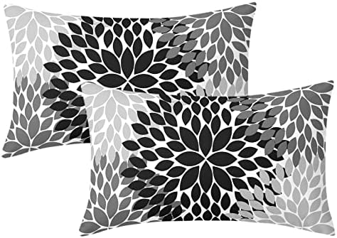 Black Pillow Covers 12X20 in Black White Grey Dahlias Floral Geometric Lumbar Bed Pillow Cases Set of 2 Farmhouse Rustic Rectangle Throw Pillows Home Decor For Living Room Bedroom Outdoor Cushion