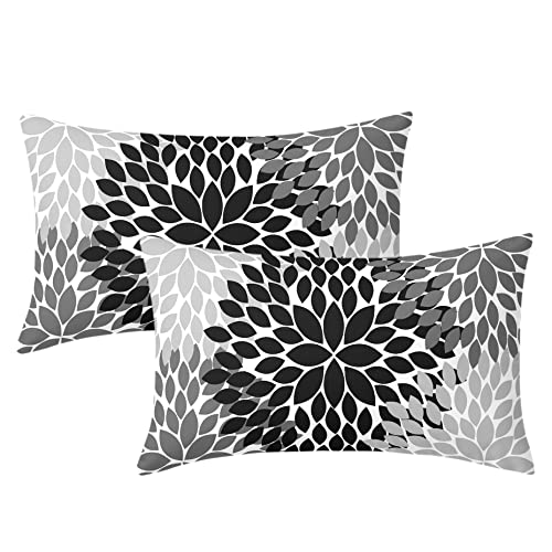 Black Pillow Covers 12X20 In Black White Grey Dahlias Floral Geometric Lumbar Bed Pillow Cases Set Of 2 Farmhouse Rustic Rectangle Throw Pillows Home Decor For Living Room Bedroom Outdoor Cushion #TOP6