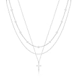 Dainty Layered Necklaces for Women Gold Cross Necklace 14K Gold/Silver Plated Pearl Necklace O Chain Layered Cross Necklace Simple Cross Necklaces for Women Everyday Jewelry Gifts