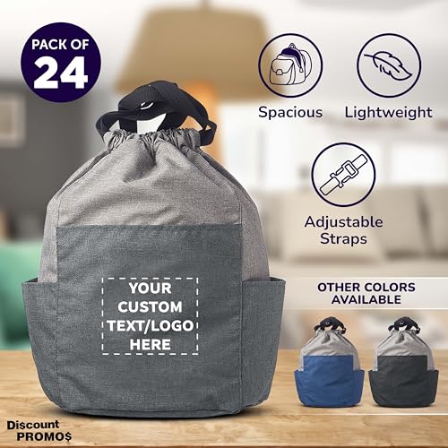 DISCOUNT PROMOS Custom Kindling Satchel Drawstring Backpacks Set of 24, Personalized Bulk Pack - Versatile, Lightweight, Secure, Ideal for Daily Use, Gym, Travel - Grey2