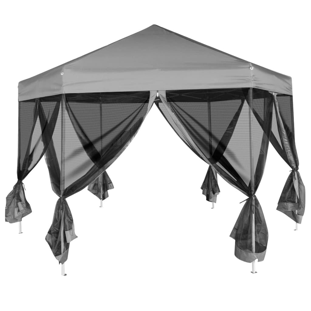 Gazebo pieghevole esagonale pop-up con 6 pareti laterali in rete, tenda da giardino da 3,6 x 3,1 x 2,8 m, per feste di compleanno, matrimoni, feste in giardino e barbecue, telaio in acciaio