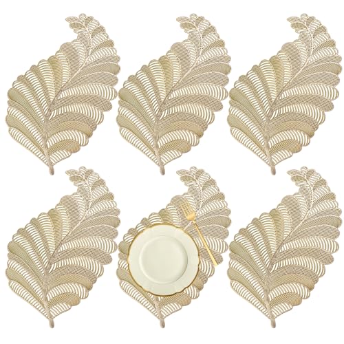 Image of Kuber Industries Placemats for Dining Room | Designer Table Mat Set | Placemats for Kitchen Table | Leaf Shape Placemat | 6 Piece Set | Golden