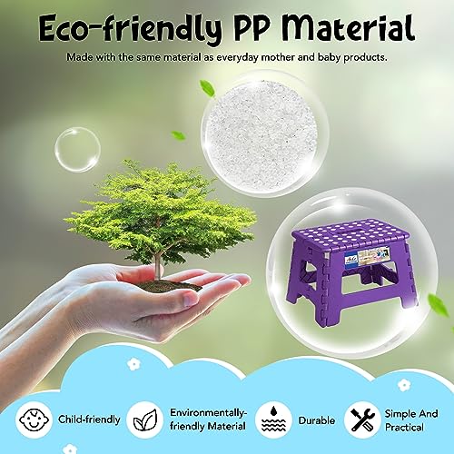 Image of ACKO Folding Step Stool 9 Inch 300 lb Capacity, Plastic Foldable Step Stools for Kids and Adults, Folding Stools Suitable for Kitchen, Stepping Stool with Handle Purple 1PC