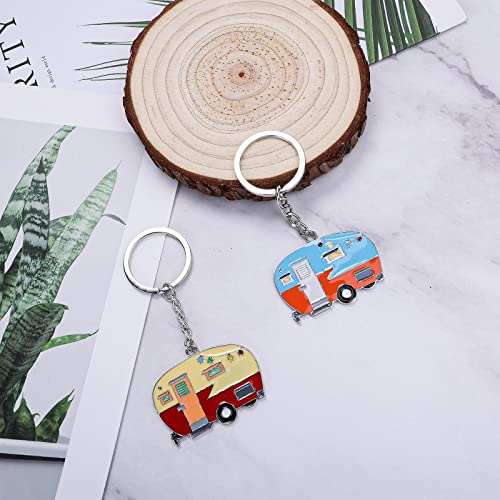 Image of Thinp 2 Pieces Camper Keychain, RV Camper Keyring Accessories for Travel Trailers Enameled Metal Retro Camping Car Keychain
