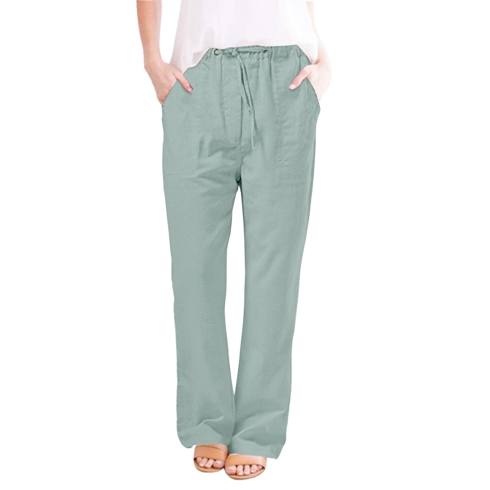 Womens Cotton Linen Pants High Waisted Wide Leg Casual Loose Summer Drawstring Lounge Pants Elastic Waist Lounge Pant