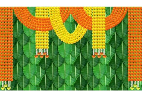 Image of Ganesh Decoration Cloth Backdrop for Pooja Ganesh Backdrop Curtain with Banana Leaves Flowers (Design 8, 8X5)