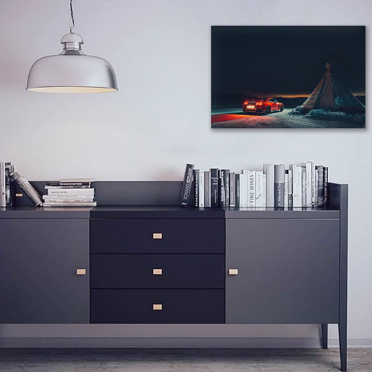 Five-Seller Pintura Moderna Nissan GTR Red Supercar Camping Pared Arte Deportes Coches Carteles Lienzo Impreso para Dormitorio Decoración De Habitación (1,60_x_90_cm(con Marco))