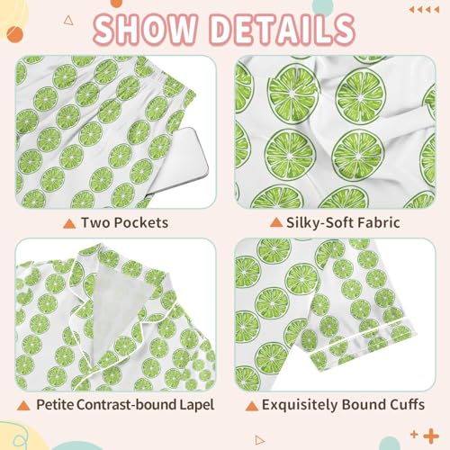 senya Green Lemon Satin Summer Pajama Sets Silk Short Sleeve Button Down Sleepwear3