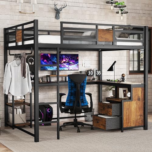 Queen Loft Bed with L-Shaped Desk and Storage Drawers, Queen Size Loft Bed Frame with Computer Monitor Stand, Corner Shelf and Hanger Rod, Adults Loft Beds Nosie-Free, Black