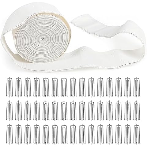 Curtain Pleat Tape, 12 Meters/13 Yards Pleater Tape for Curtains with 45 Pcs Stainless Steel 4 Prongs Curtain Pleat Hooks for Drapes for DIY Pinch Pleat Tape White Cover