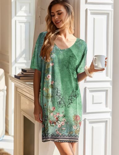 Ekouaer 2 Pack Nightgowns for Women Short Sleeve Sleepshirt V Neck Nightshirt Casual Print Sleepwear3