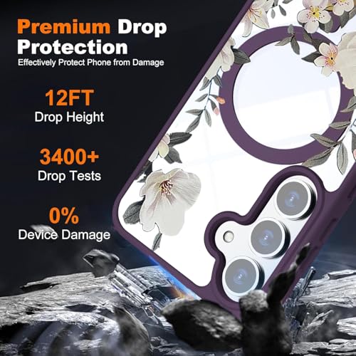Image of VONZEE Compatible with Samsung Galaxy S25 FE 5G Case Luxury Retro Flowers Floral Clear for Magnetic Wireless Charging Case Shockproof PC+TPU Cute Glossy Shiny Cover for Girls Women, Deep Purple