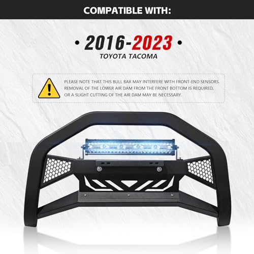 Image of YZONA Bull Bar with LED Light Bar & License Plate Frame Compatible for 2016-2023 Toyota Tacoma Front Grill Guard Grille, Truck Brush Guard, Bumper Push Bar (Include Skid Plate & Light Mount, Black)