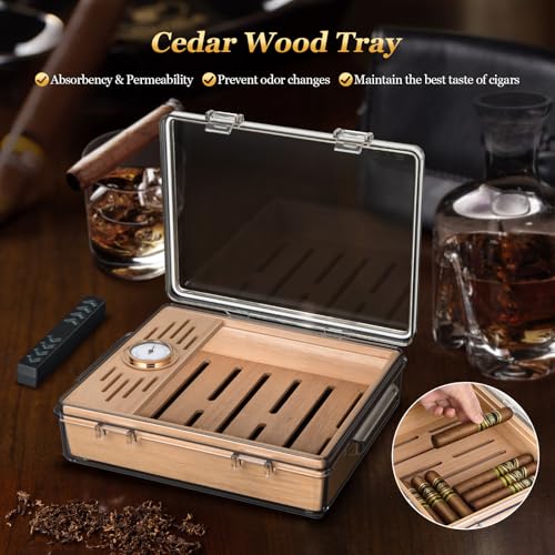 Image of Acrylic Cigar Humidor, Clear Cigar Box with Hygrometer, Humidifier and Cedar Wood Tray, Desktop Cigar Case Can Hold About 20-30 Cigars (Clear)
