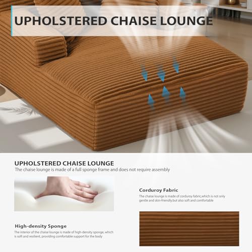 Image of 67 Inch Chaise Lounge Chair Indoor, Oversized Corduroy Upholstered Boneless Sofa Bed, Deep Seat Sleeper Couch Reading Chairs, Cloud Sofas Couches for Living Room, No Assembly Required (Orange)