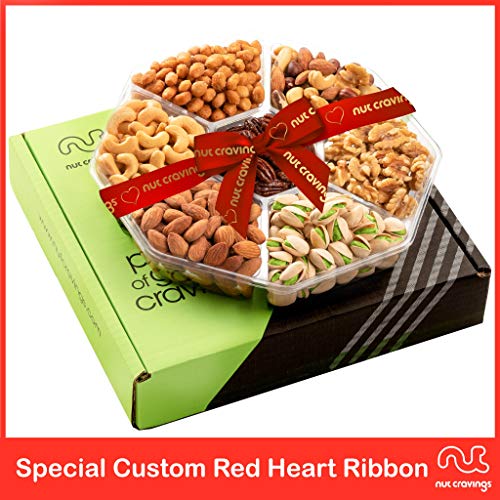 Nut Cravings Gourmet Collection - Mixed Nuts Gift Basket + Heart Ribbon (7 Assortments) Food Bouquet Arrangement Platter, Birthday Care Package Tray, Healthy Kosher Snack Box, Women Men #TOP1