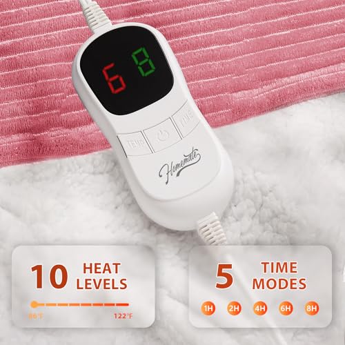 Image of Homemate Heated Blanket Electric Throw - 50 inchx60 inch Heating Blanket Throw 1 /2 /4 /6 /8 Hours Auto-Off 10 Heat Levels Over-Heat Protection Soft Flannel Sherpa ETL Certification