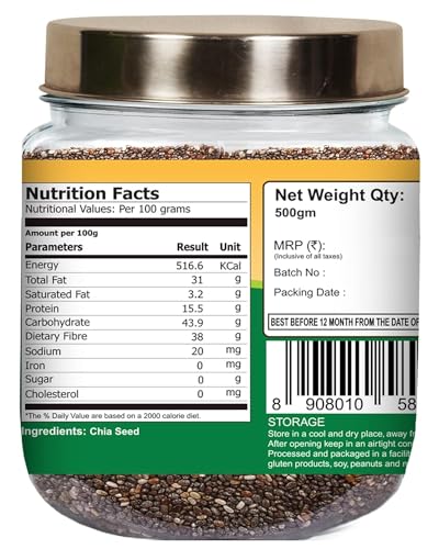 Image of 100% Pure Raw Unroasted Organic Chia Seeds I Rich with Omega 3, Fiber, Calcium & Iron I Healthy Snacks for Weight Loss Management I Boost Immunity I 500g, Pack of 4