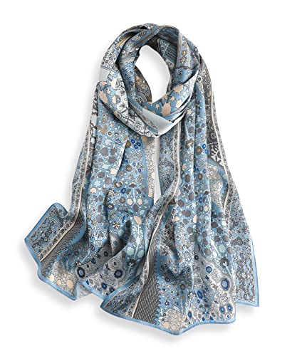 PoeticEHome Lenço comprido de seda 100% Mulberry 170 x 53 cm - xaile macio e leve para mulher, ideal para pescoço, cabelo e cabeça - caixa de presente, E1 - Estampado de flores azuis
