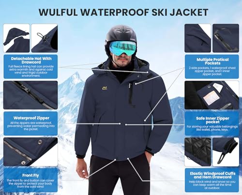 WULFUL Herren Wintermäntel Wasserdicht Skijacke Warm Winddicht Winter Windbreaker Jacken für Männer mit Kapuze, Navy-0047, L