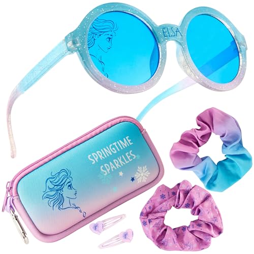 Disney Sonnenbrille Kinder Set mit Sonnenbrillen Etui, Scrunchies & Haargummis Mädchen (Blau Elsa)