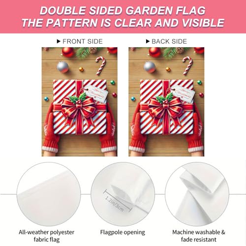 Image of BlissYard Christmas Garden Flag 12x18 Inch Candy Cane Box Yard Decor | Double sided polyester, christmas wrapped box design, wrapped box decor for holiday porch and yard