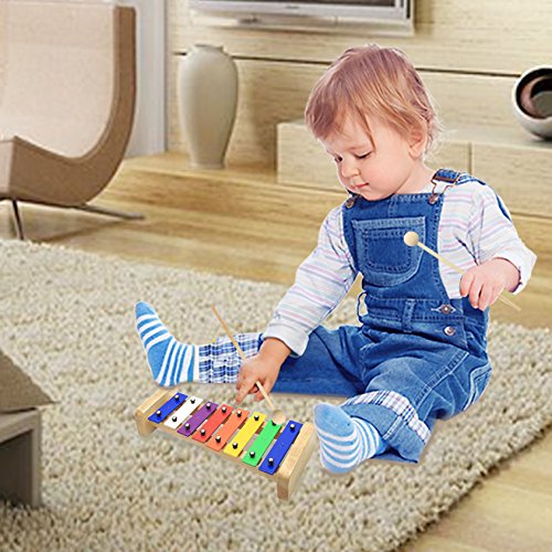CELEMOON Natural Wooden Toddler Xylophone Glockenspiel For Kids with Multi-Colored Metal Bars Included Two Set of Child-Safe Wooden Mallets (8-tone) - Thumbnail 7