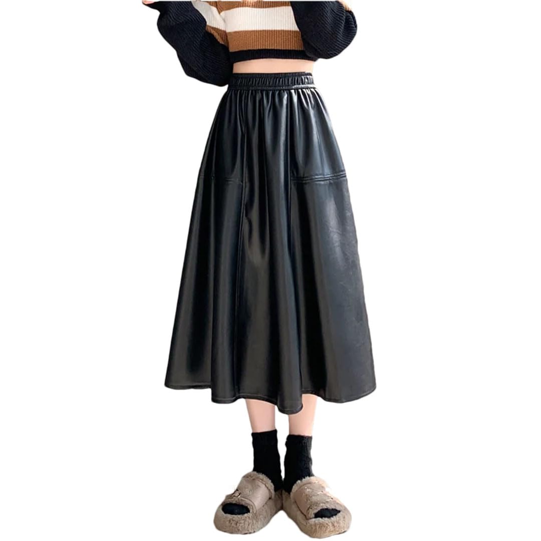 Gonne da donna in PU elastico in vita media lunghezza a vita alta vintage casual ombrello A-Line gonne