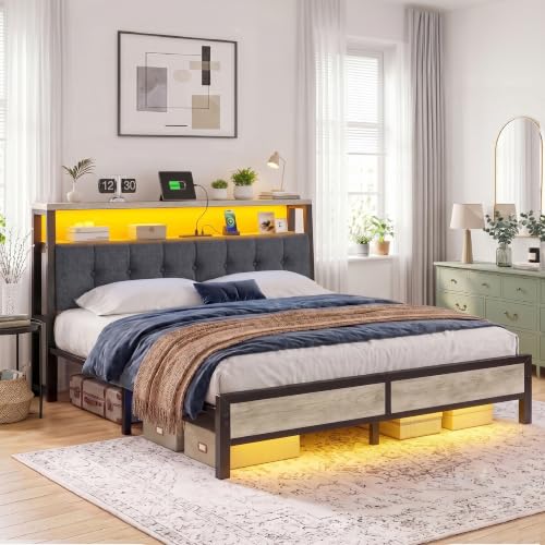 Image of Homkdom King Bed Frame with Upholstered Headboard & Charging Station
