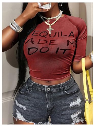 Image of RoseSeek Women's Sheer Mesh Letter Graphic Tees Short Sleeve Crew Neck Y2K Vintage Summer Going Out Crop Tops