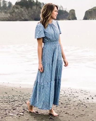 Image of PRETTYGARDEN Women's Casual Smocked Boho Floral A-Line Maxi Dress 2026 | Summer Short Flutter Sleeve Crewneck Tiered Long Sundress,Fall Wedding Guest Dresses,Spring Cute Flowy Beach Vacation Clothes