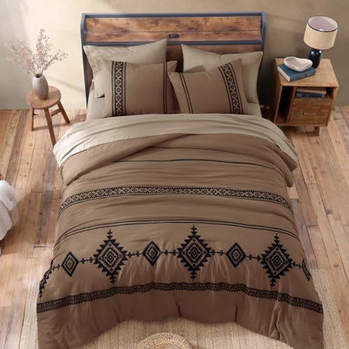 Image of MaiReve Embroidery Queen Comforter Set 7 Pieces Brown Bed in a Bag