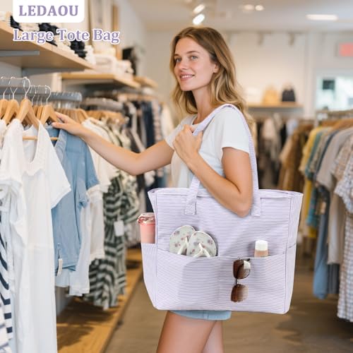 Image of LEDAOU Large Beach Tote Bag Women Waterproof Sandproof Zipper Beach Tote Bag for Pool Gym Grocery Travel with Wet Pocket | Waterproof