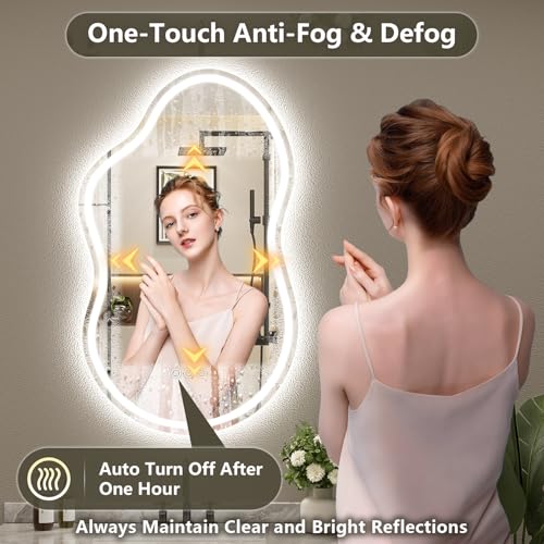 Image of 40x24 Inch Asymmetrical LED Bathroom Mirror with Lights, Backlit & Front-Lit, Anti-Fog, Irregular Cloud Lighted Bathroom Vanity Mirror for Wall, Dimmable, 3 Colors, Memory, HD Tempered Glass