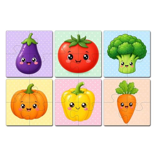 Image of Wooden Jigsaw Puzzle Set of 6 for Kids Age 2-6 Years | Pack of 6 Puzzles with 4 Pieces Each | Toddler Learning Educational Toy | Mixed Themes Puzzle for Boys & Girls (Vegitables)