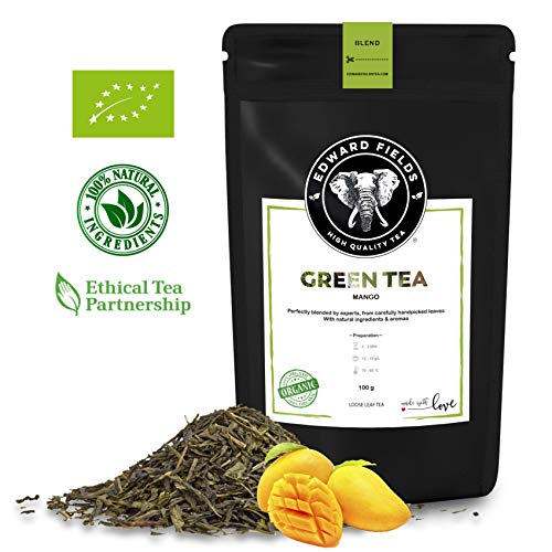 Edward Fields ® Tea - Té verde sencha orgánico de alta calidad con mango. Te eco a granel, hoja entera, recolectado a mano, ingredientes naturales, Bio, 100g, China.