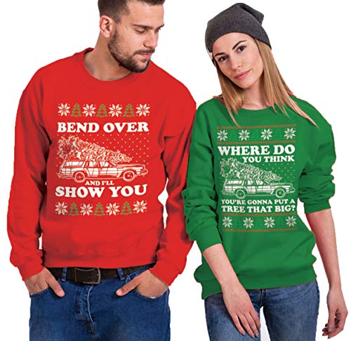 Haase Unlimited Bend Over and I'll Show You/Where Do You Think? Matching Couple Crewneck Sweatshirts (RED/Kelly, Mens XL/Ladies Medium)