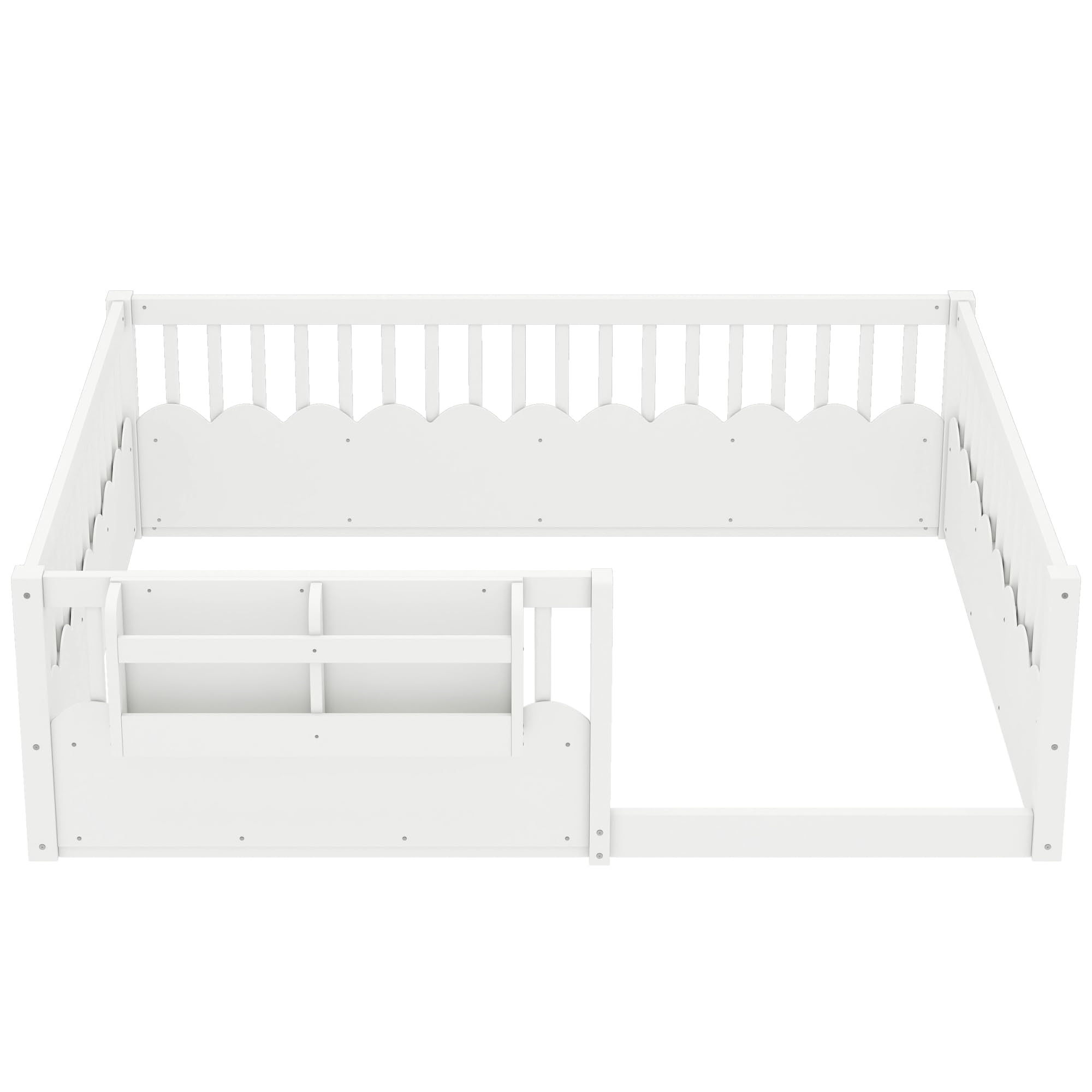 Full Size Floor Bed with Bookshelves, Wood Kids Floor Bed with Upgraded Guardrails and Slats, Montessori Floor Bed Frame for Kids, Boys, Girls, Childlike and No Spring Box Needed Design, White