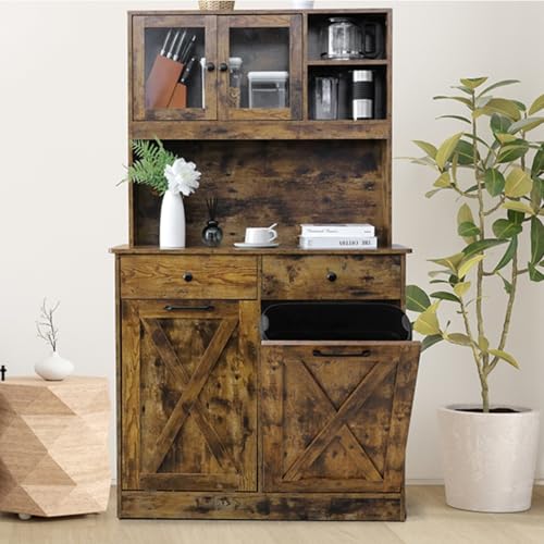 MAMIZO Double Tilt Out Trash Cabinet, 67.7 Large Double Storage Cupboard, Garbage Can Holder 2x10 Gallon, Pet Proof Recycling Cabinet, Wood Laundry Closet, W/Countertop and Drawer, Shelves (Rustic)