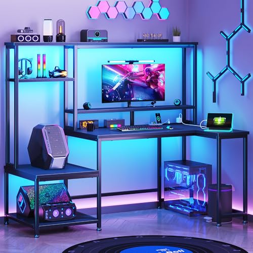 Image of DurayLoly Gaming Desk with LED Lights & Outlets,55 inch L Shaped Computer Desk with Shelves & Storage Hutch,Reversible Corner Gaming Table with Printer Space & Monitor Stand for Home Office,Black