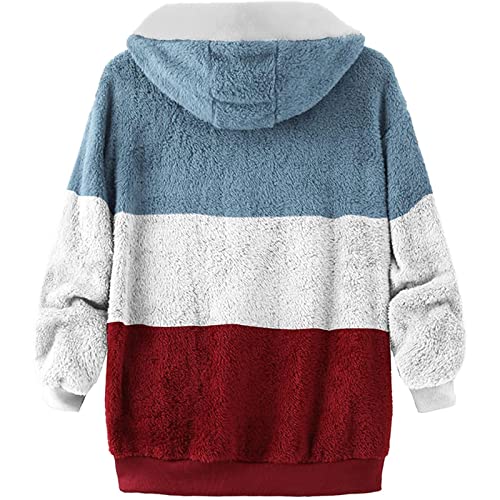 Fuzzy Fleece Jackets for Women Plus Size Hoodies Fall Winter Coats Color Block Patchwork Cardigan Coat with Pockets