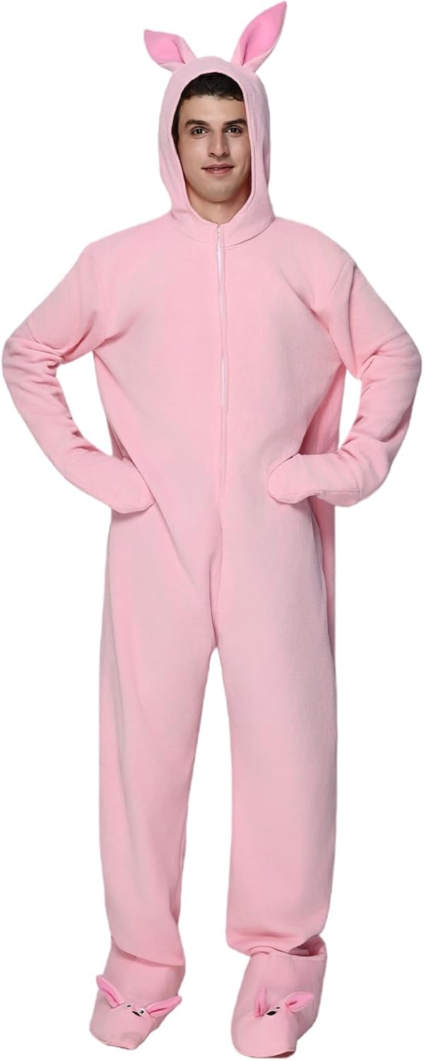 EraSpooky Mens Christmas Bunny Jumpsuit Adult Pink Bunny Hooded Pajama Costumes