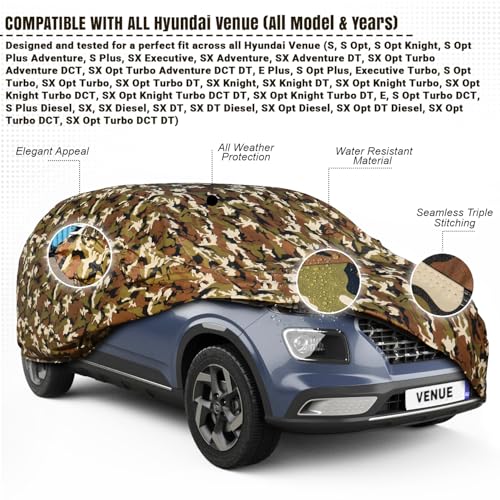 Image of Pivalo Car Body Cover for Hyundai Venue All Model & Years (2019-2022) 100% Waterproof with Mirror Pockets, Triple Stitched Dustproof Heat Resistant UV Protection (Military /Jungle /Camouflage)